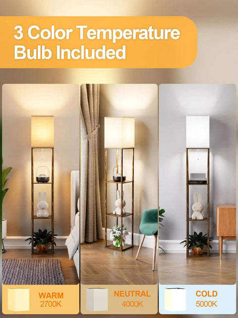 2 Pack Rustic Brown Floor Lamp With Shelves For Living Room Corner Etagere Style, 3 Color Temperature Display