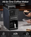 Compact Automatic Coffee Maker With Built In Grinder, Programmable Grind And Brew Kit for Fresh Sip, dark design with digital panel.