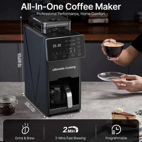 Compact Automatic Coffee Maker With Built In Grinder, Programmable Grind And Brew Kit for Fresh Sip, dark design with digital panel.