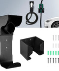 Wall Mount EV Charger Holder With SAE J1772 Nozzle Holster And Cable Organizer Plus Control Box Dock, black aluminum bracket with screws.