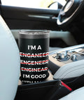 Funny Engineer Tumbler With Sarcastic Math Jokes And Misspelling Humor in car cup holder, stainless steel insulated travel cup.