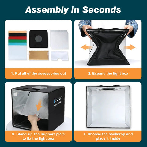 Assembly instructions for 12X12 Photo Studio Light Box With 120 Led Beads, including accessories and setup steps.