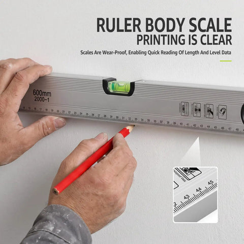 LYIYEYAN 24-Inch Magnetic Torpedo Spirit Level, Heavy Duty Ruler for Carpen, measuring with clear scale and bubble level.
