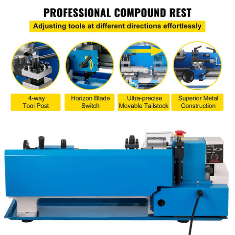 Rock Solid Compact Metal Lathe Seven By Fourteen Inch Bed with 4-way tool post and precision tailstock for garage shop machining.