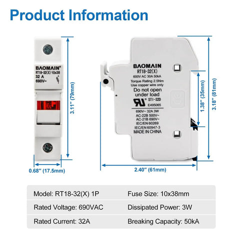 5 Pack RT18 32 X 1P DIN Rail Fuse Holder 32A 690V AC with LED, side view showing dimensions and specifications