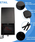 Rock Solid Steel Battery Enclosure For Automatic Gates Housing Two 12 Volt 7 Ah Lead Acid Packs With No Sweat Parallel Wiring For Hassle Free Dual Voltage Operation And Splash Proof Cover showing steel case with curved corners and interior wiring.
