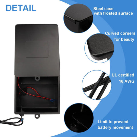 Rock Solid Steel Battery Enclosure For Automatic Gates Housing Two 12 Volt 7 Ah Lead Acid Packs With No Sweat Parallel Wiring For Hassle Free Dual Voltage Operation And Splash Proof Cover showing steel case with curved corners and interior wiring.