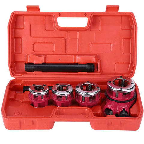 Pipe Threading Kit With 4 Durable Die Heads For Plumbing Tasks, Manual Ratchet Tool Set, Compact And Portable, Pro Grade And DIY Friendly, Ideal For 1/2, 3/4, 1, And 1-1/4 Inch Pipe Threads in red case