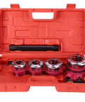 Pipe Threading Kit With 4 Durable Die Heads For Plumbing Tasks, Manual Ratchet Tool Set, Compact And Portable, Pro Grade And DIY Friendly, Ideal For 1/2, 3/4, 1, And 1-1/4 Inch Pipe Threads, red case open