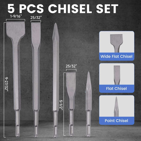 5-piece chisel set in silver steel with compact storage case; includes wide flat, flat, and point chisels
