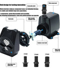 Parts and features of Quiet 25W Submersible Fountain Pump With 400 GPH Flow For Pond And Aquarium Filtration, Easy Install.