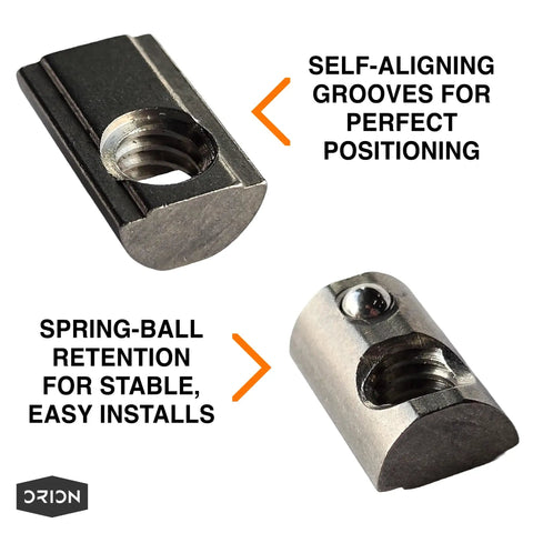 Stainless Steel Self Aligning Roll In T Nuts Ball Spring 25 Pack 15 Series Aluminum Extrusion T Slot Hardware showing self-aligning grooves and spring-ball retention.