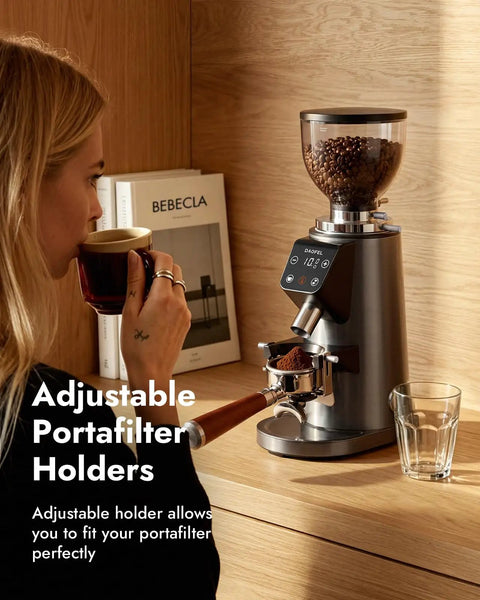 Game Changing 64 Mm Flat Burr Electric Coffee Grinder With 100 Adjustable Settings Precision Timer Anti Static Housing For Espresso French Press Smooth Stainless Steel Gunmetal Gray Finish in use with portafilter.