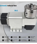 Heavy Duty CNC Rotary Axis Fourth And Fifth Index Head With Harmonic 50 To 1 Drive Nema 34 Stepper Motor showing reducer box and four jaw chuck.