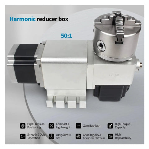 Heavy Duty CNC Rotary Axis Fourth And Fifth Index Head With Harmonic 50 To 1 Drive Nema 34 Stepper Motor showing reducer box and four jaw chuck.