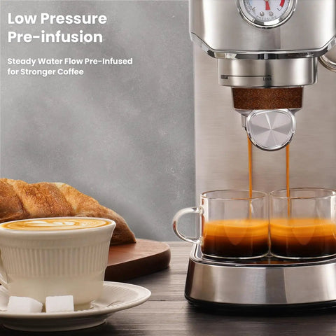Barista Grade Home Espresso Machine With 20 Bar Pump And Milk Frother Stainless Steel Build Compact Commercial Style Coffee Maker In Use
