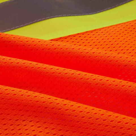 Close-up of Heavy Duty Neon Orange Mesh Safety Vest With Seven Pockets And 3M Reflective Tape showing breathable mesh fabric.