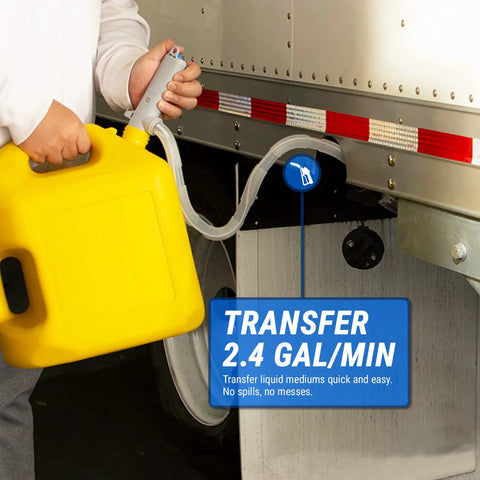 Heavy Duty Battery Powered Gas Transfer Pump With Smart Auto Shut Off No Drip Siphon Hose quick transfer using yellow gas can.