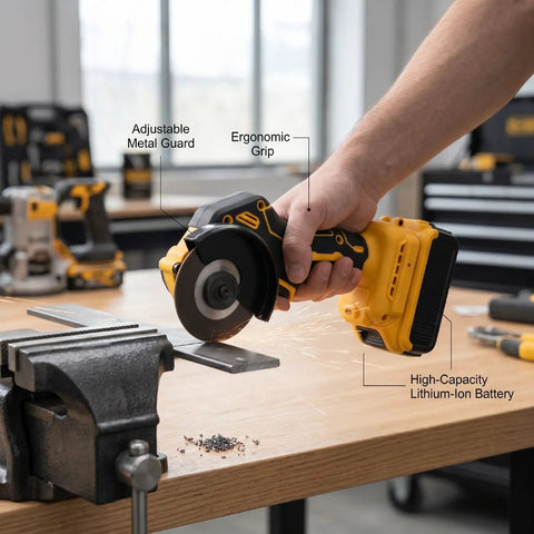 Grab This Badass Brushless Mini Circular Saw That Seamlessly Morphs Into An Angle Grinder For Effortless Cutting And Grinding Across Wood Metal Tile And Plastic Surfaces in use with adjustable guard.