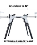 Side view of Heavy Duty Chop Saw Stand With Universal Fitting A Real Workhorse Height Adjustable From 595 To 815mm Left And Right 3M Extendable Arms Supports Up To 225Kg Built In End Stop Telescopic And Folding Legs Black And Silver, showing extendable arms supporting long workpieces.