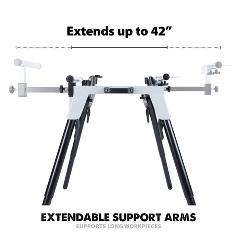 Side view of Heavy Duty Chop Saw Stand With Universal Fitting A Real Workhorse Height Adjustable From 595 To 815mm Left And Right 3M Extendable Arms Supports Up To 225Kg Built In End Stop Telescopic And Folding Legs Black And Silver, showing extendable arms supporting long workpieces.