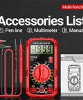 Pro Grade Digital Multimeter SZ308 with LCD display, red case, leads, and manual for accurate AC DC voltage, current, resistance testing.