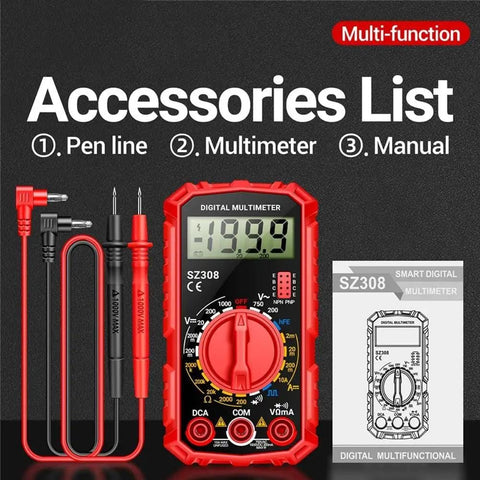 Pro Grade Digital Multimeter SZ308 with LCD display, red case, leads, and manual for accurate AC DC voltage, current, resistance testing.