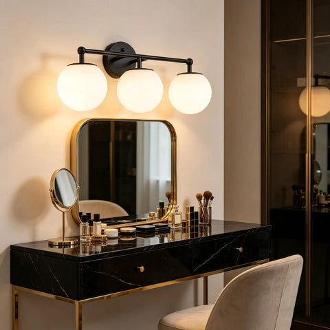 Three Light Black Vanity Light Fixture With Milky White Glass Globe Shade Sleek Modern Minimalist Wall Sconce Over Mirror Lighting