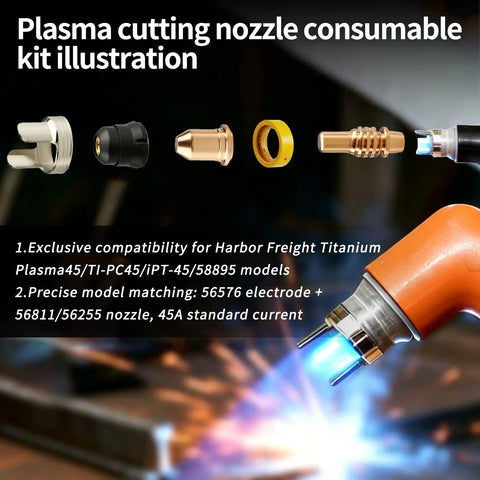 Illustration of 20 Pack Plasma Cutter Consumables Kit For Titanium 45 IPT45 45A Torch 10 Electrodes 56576 And 10 Nozzle Tips 56811