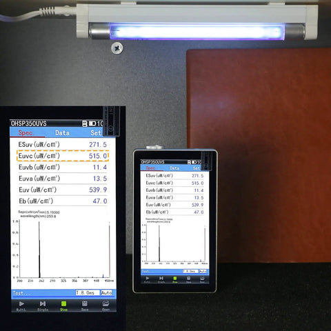 Powerful 6W UVC Sanitizer Lamp Ozone Free 253.7 Nanometer testing equipment displayed with results for air and surface purity