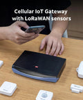 Smart Home Sensor Kit With Gateway Router For Connected Spaces, Plug And Play, Door Window Sensor, Temperature And Humidity Monitor, Water Leak Detector, Motion Sensor, Call Button, Customer Satisfaction Panel And Traffic Counter; black gateway with sensors