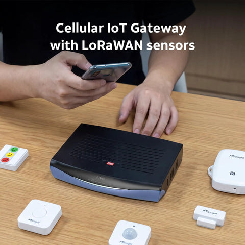 Smart Home Sensor Kit With Gateway Router For Connected Spaces, Plug And Play, Door Window Sensor, Temperature And Humidity Monitor, Water Leak Detector, Motion Sensor, Call Button, Customer Satisfaction Panel And Traffic Counter; black gateway with sensors