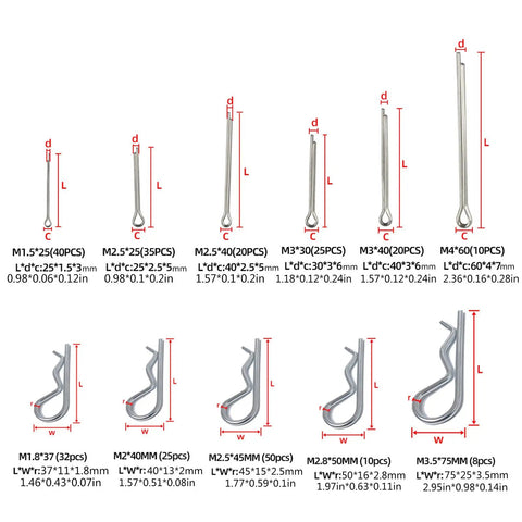 250 Piece Stainless Cotter Pin And Hairpin Kit With Spring Retaining Pins, Clip Pins For Auto Repair, DIY Projects, And Mechanical Maintenance; M1.5-M4 sizes