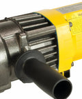 Steel Dragon 5/8 Inch Electric Rebar Cutter detail, 1050W hydraulic motor with yellow casing and black power outlet.
