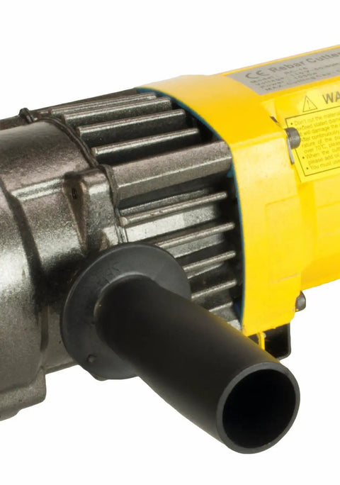 Steel Dragon 5/8 Inch Electric Rebar Cutter detail, 1050W hydraulic motor with yellow casing and black power outlet.