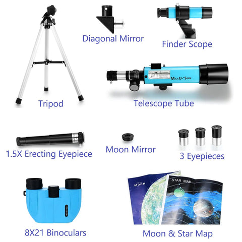 Kids Moon Telescope For Beginners With Finder Scope And 3 Eyepieces, Portable Refractor Telescope Kit For Stargazing, Bird Watching, Travel Binoculars Included, Easy Setup For Family Astronomy Nights. Blue refractor telescope kit with tripod, eyepieces, binoculars, moon map