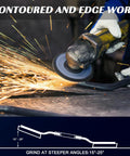 Flap disc on angle grinder grinding metal with sparks; front view shows a 4-1/2 inch wheel and a bottom grind-angle diagram.