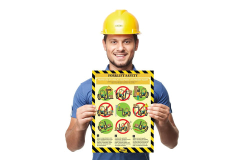 Man holding Forklift Safety Poster For The Workplace Non Laminated 12 X 16 Inches High Visibility Yellow Sign To Boost Awareness