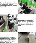 Heavy Duty 110V Desktop Automatic Conveyor Bottle Labeler showing photoelectric sensor and label detection mechanism in detail.