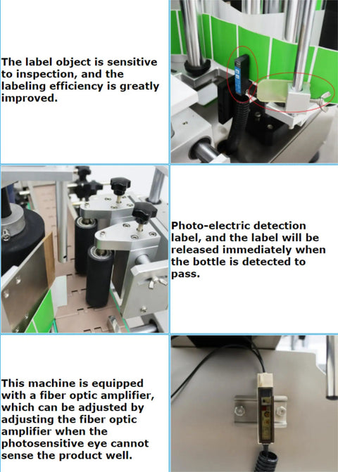 Heavy Duty 110V Desktop Automatic Conveyor Bottle Labeler showing photoelectric sensor and label detection mechanism in detail.
