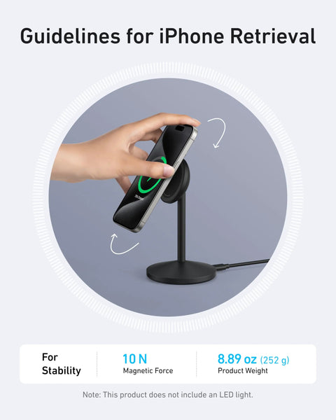 Hand placing iPhone on MagSafe Charger Stand For iPhone 17 16 15 14 13 Series 15W Fast Wireless Charging Station Qi2 Certified 360 Degree Adjustable Stand