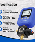 Digital HVAC Manifold Gauge Tool For R454B R134A R410A R1234yf All In One Refrigerant Filling Vacuum Test And Leak Detection Pro Grade Easy Readouts Handy Gauge For Techs And DIY Home AC Repairs, blue handheld unit with display and brass fitting