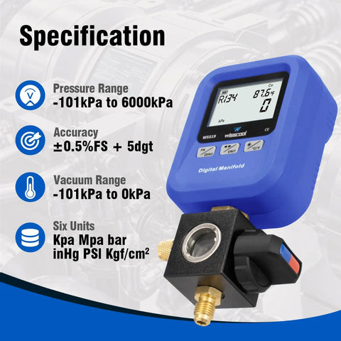 Digital HVAC Manifold Gauge Tool For R454B R134A R410A R1234yf All In One Refrigerant Filling Vacuum Test And Leak Detection Pro Grade Easy Readouts Handy Gauge For Techs And DIY Home AC Repairs, blue handheld unit with display and brass fitting