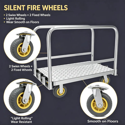 Heavy Duty Steel Platform Hand Truck With 1200 Lbs Capacity Detachable Handle Flatbed Dolly Cart 6 Inch Silent Wheels 2 Swivel 2 Fixed Casters Industrial Warehouse Trolley For Garage Factory And Shop Use 90cm By 60cm, wheel detail