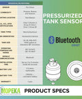 Infographic of pressurized tank sensors with product specs for Wireless Propane Tank Gauge with Magnetic Sensor and Smart App Connectivity.