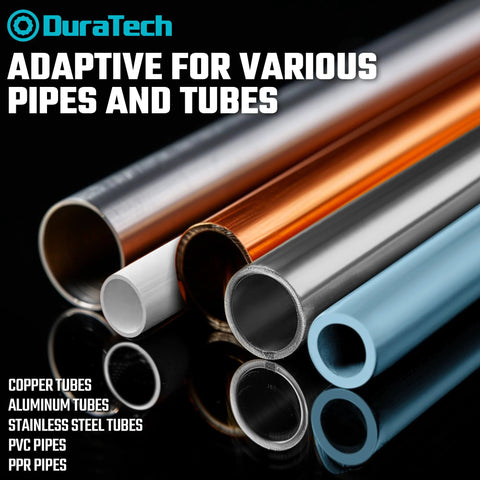 DuraTech pipe and tubing set: copper, aluminum, stainless steel, PVC, and PPR pipes (angled view)