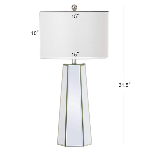 Front view of Janice Modern Art Deco Mirror Chrome 32 Inch Table Lamp with off-white cotton shade, showing size dimensions.