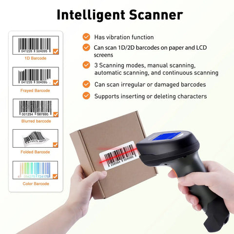 2D Wireless Barcode Scanner With 1.8 Inch Display, Rechargeable Handheld Reader, Plug And Play, Built In Base With 2.4G Dongle, Reads 1D And 2D Barcodes From Paper Or Screen Quick And Easy scanning a box