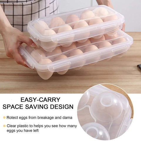 Person holding Two Pack Covered Egg Holders For Fridge Clear Plastic Deviled Egg Tray Carrier With Lids Holds 36 Eggs