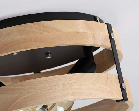 Close-up of Two Light Modern Farmhouse Flush Mount Ceiling Light with metal and wood round drum, light yellow wood and black accents.